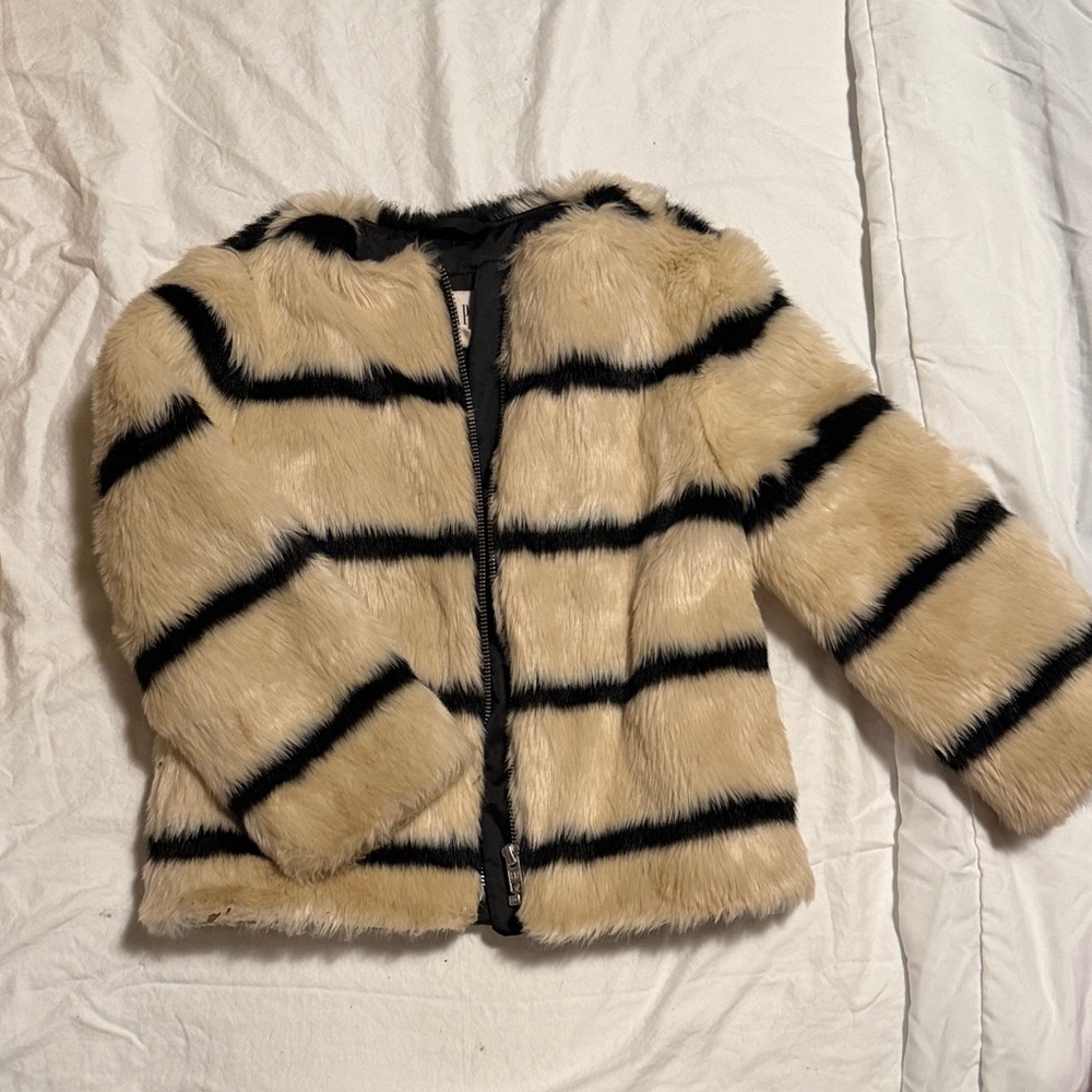 Kids Faux Fur Striped Jacket - Black and Tan